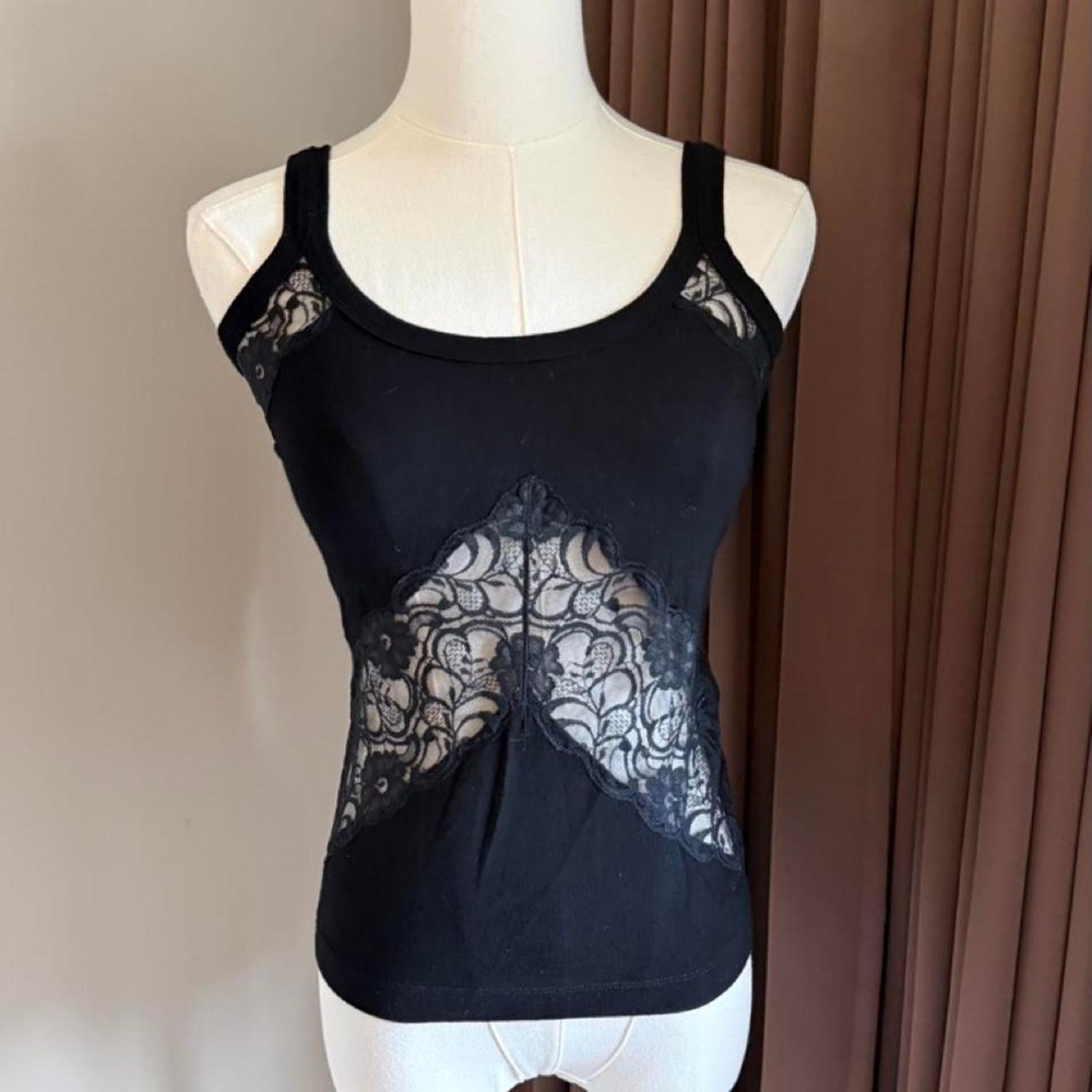 One Girl Who Black Lace Tank Top Floral Whimsygoth Fairycore Sleeveless Top S/M